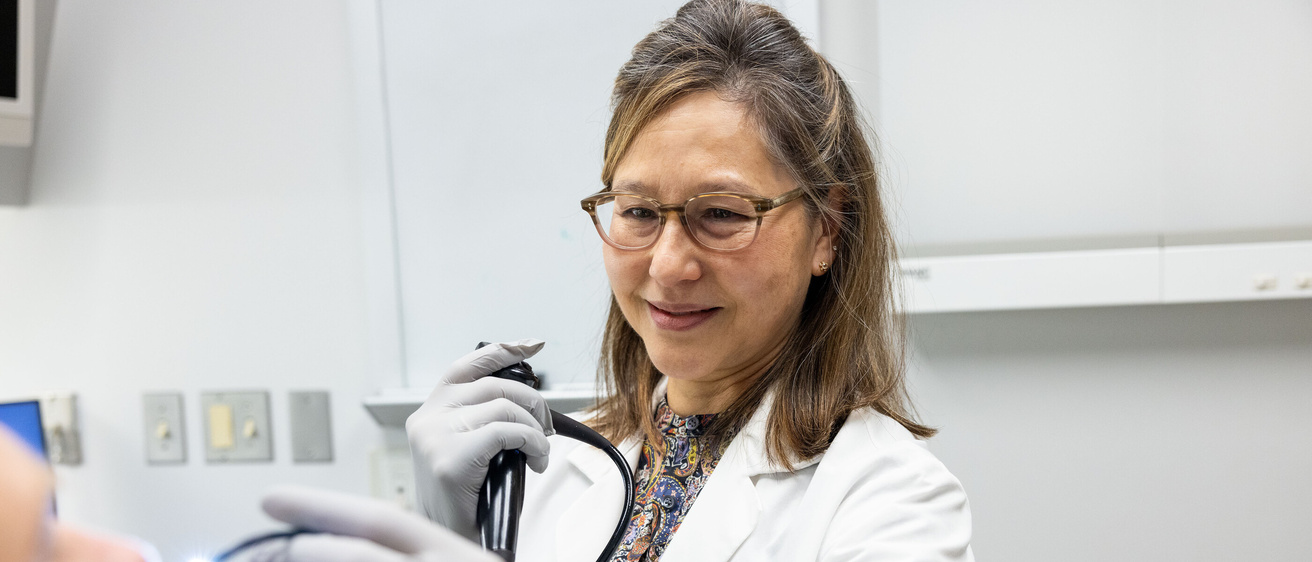 Kristi Chang, MD, in the otolaryngology clinic at UI Health Care university campus with simulated patients on Wednesday, Oct. 9, 2024.