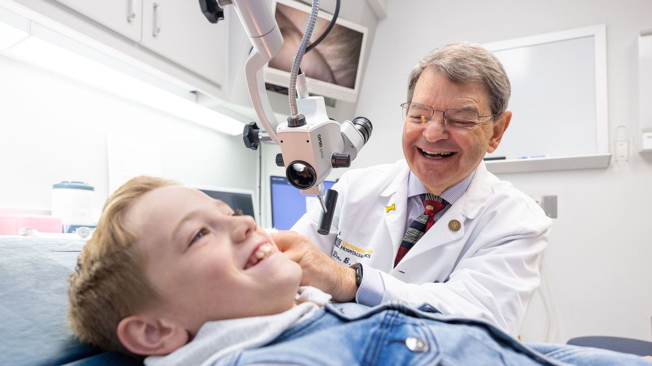 Bruce J. Gantz, MD, examines a simulated pediatric patient in the otolaryngology clinic at UI Health Care university campus with simulated patients on Wednesday, Oct. 9, 2024.